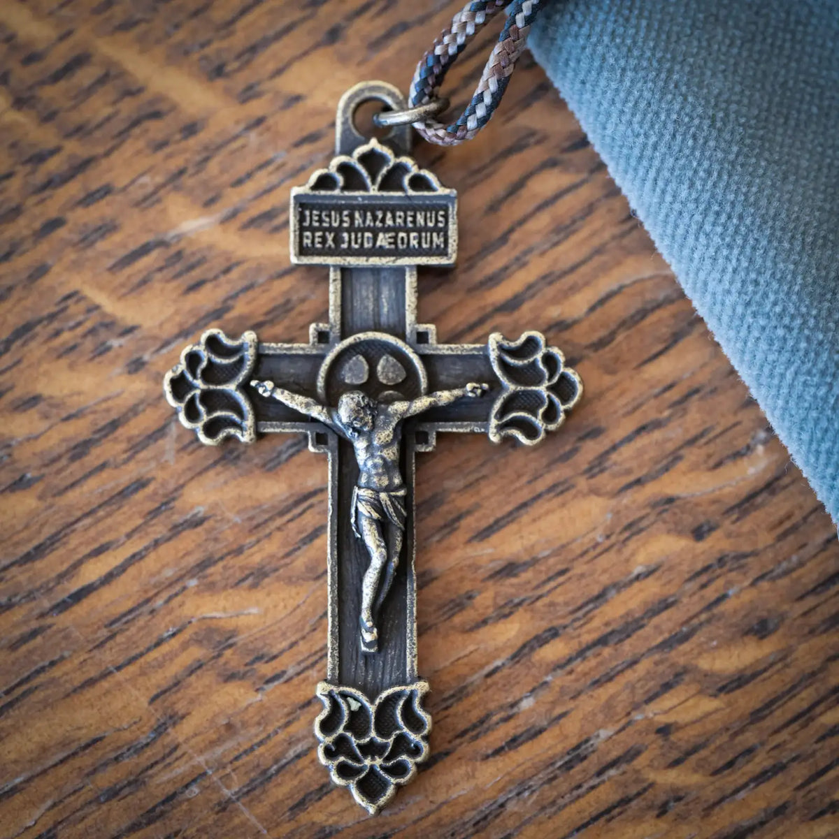 Pocket Rosary with Ebony Prayer Beads and an Antique Bronze Pardon Crucifix for Single-Decade Prayer