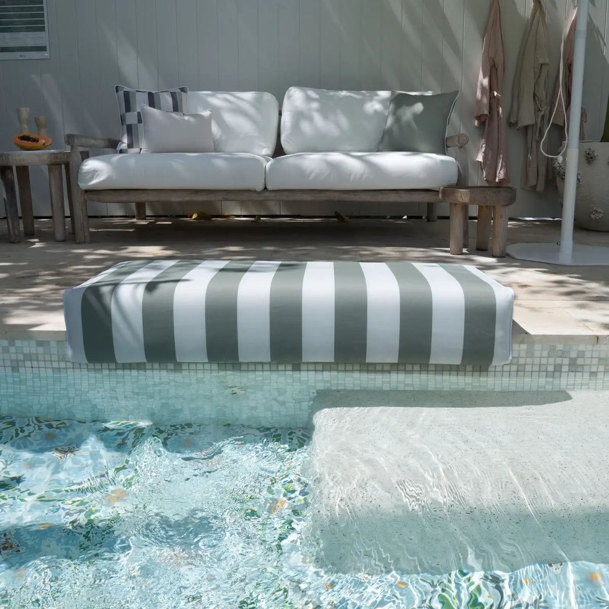 Poolside Cushion with UV-Resistant Olefin Fabric and Extra-Thick Foam for Comfortable Outdoor Seatin — 22 x 47" / Sage Stripe