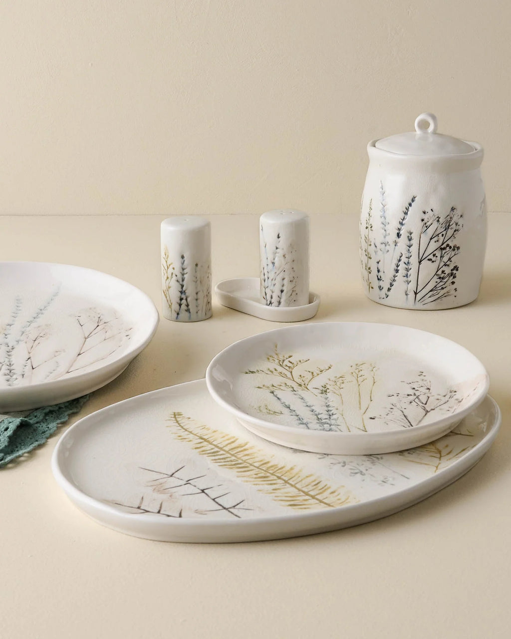 Pressed Floral Ceramic Salt and Pepper Shaker Set with Coordinating Table Tray · salt and pepper shakers