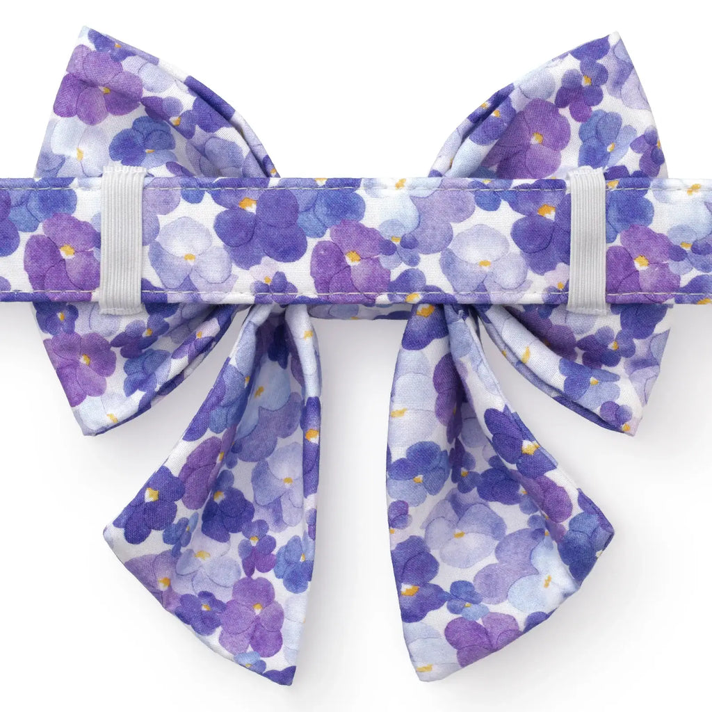 Pressed Pansies Dog Bow with Sailor Tails, Elastic Collar Loops, Cotton Design and Small or Large Sizes
