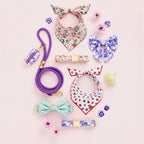 Pressed Pansies Dog Bow with Sailor Tails, Elastic Collar Loops, Cotton Design and Small or Large Sizes