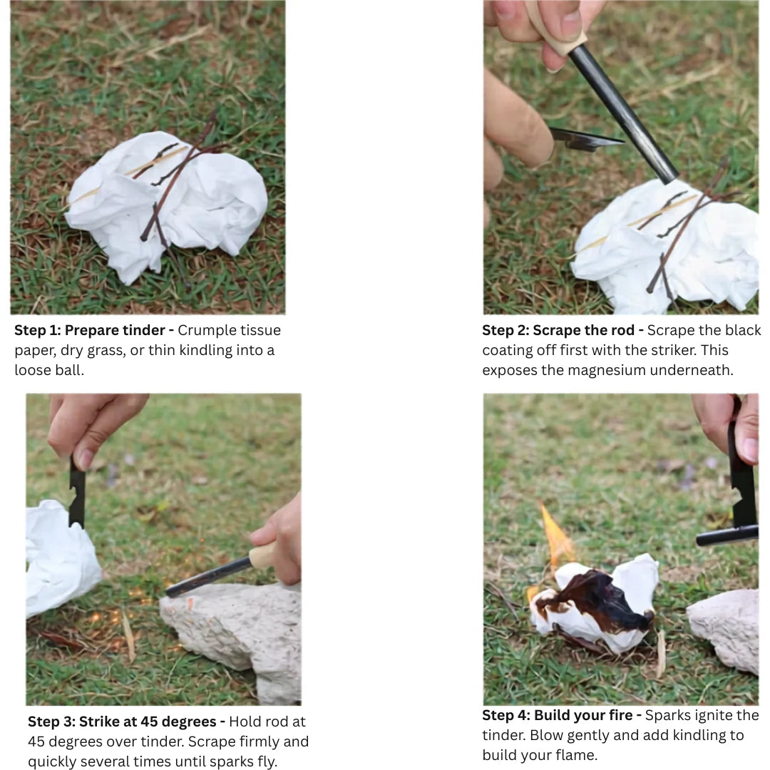 Primitive Fire Starting Kit with Three Fire Methods and a MOLLE Pouch for Outdoor Preparedness