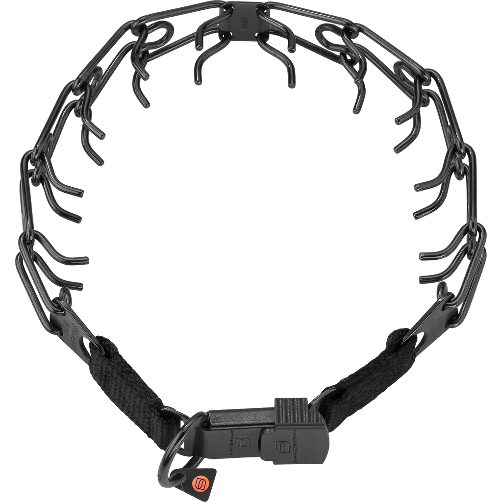 Prong Training Collar for Dogs with Stainless Steel Black Finish and ClicLock Closure in Multiple Gauges