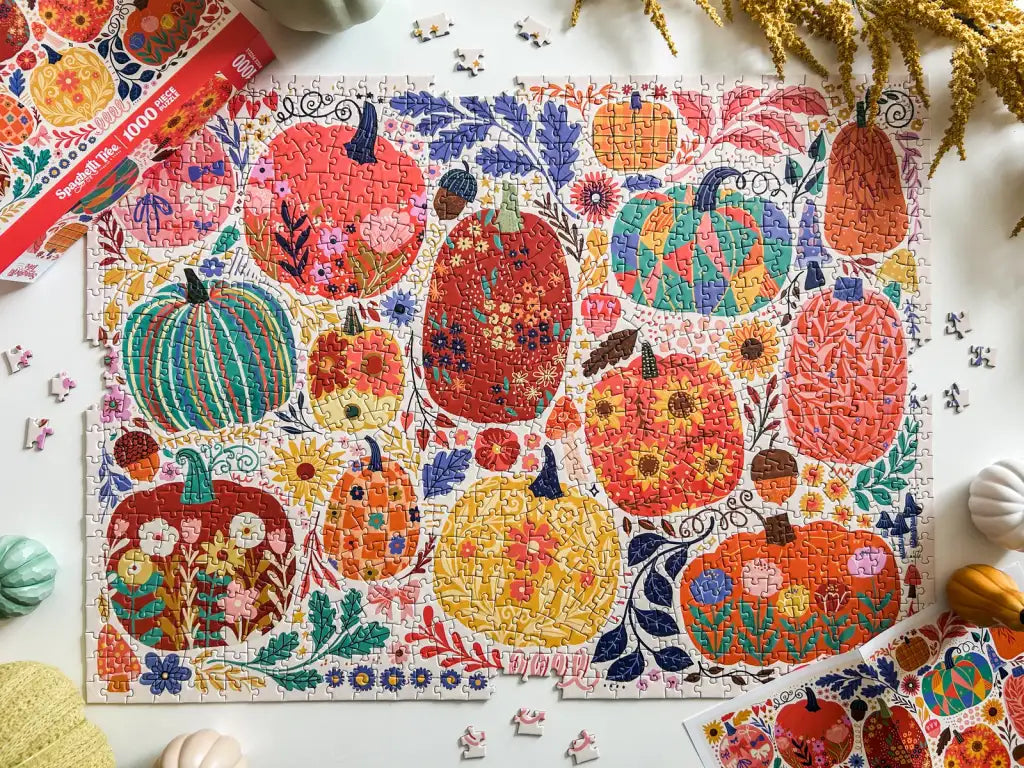 Pumpkin Jigsaw Puzzle with Hand-Drawn Patchwork Art, 1,000 Random-Cut Pieces and a 20 x 27 Inch Finished Size