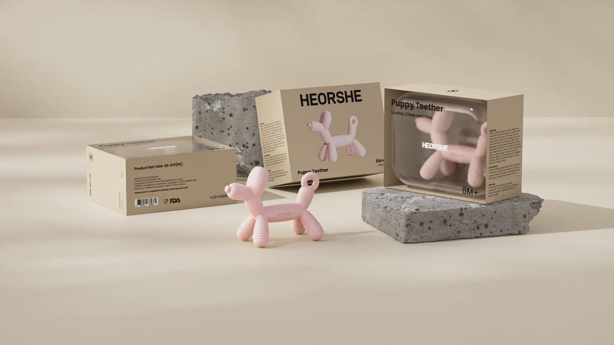 Puppy Baby Teether in Soft Food-Grade Silicone with Varied Textures and an Easy-to-Hold One-Piece Design — Pink