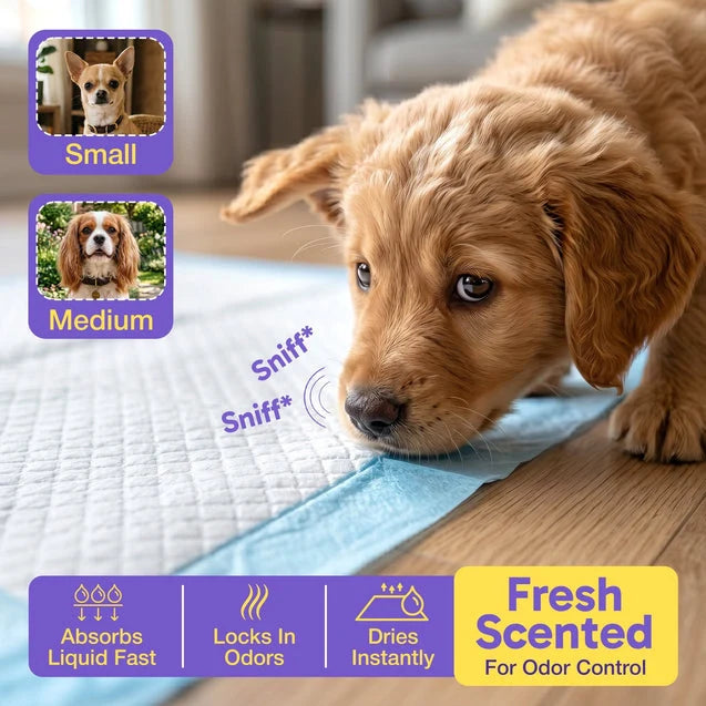 Puppy Training Pads for Dogs and Cats with Fast Absorption, Odor Control, Leak-Resistant Backing and Two Sizes