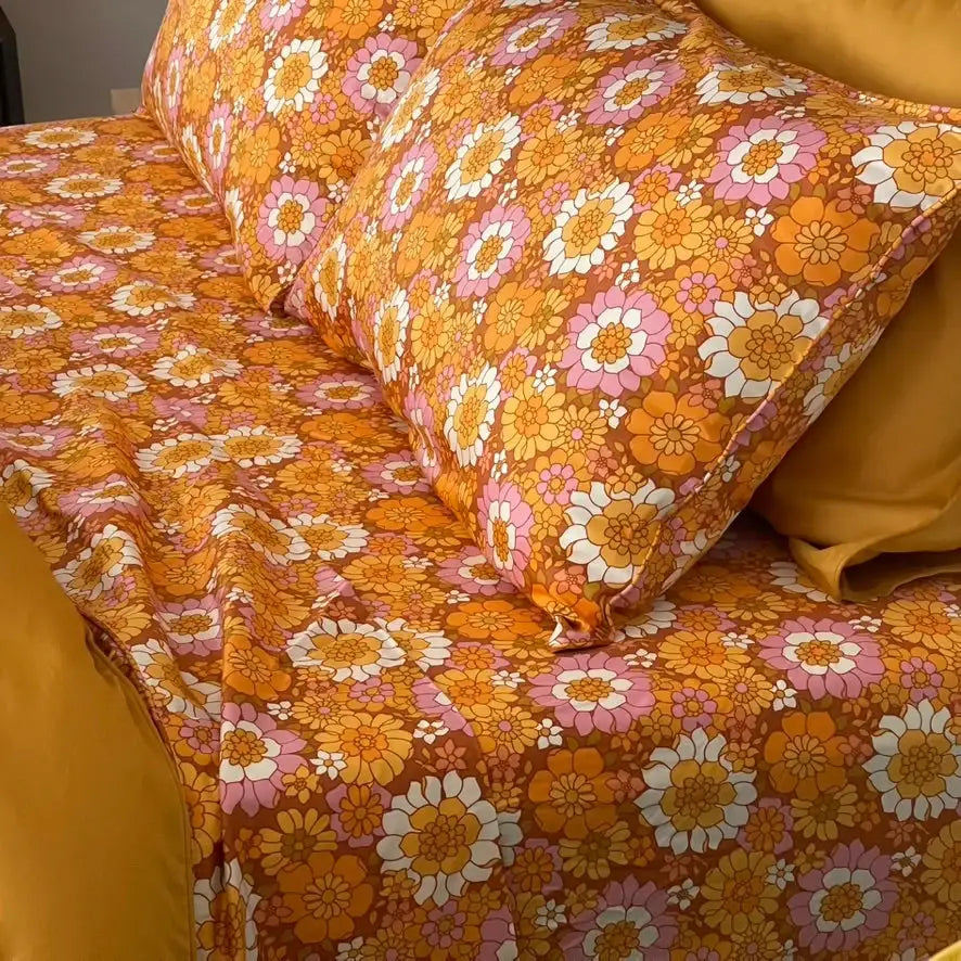 Pure Cotton Pillowcases Set of 2 with Retro Floral Screen Printed Design and Envelope Closure