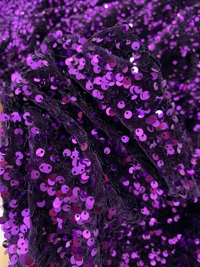 Purple Sequin Velvet Fabric, High-Density Shimmer Stretch Textile for Dresses, Costumes, Skirts and Dramatic Décor