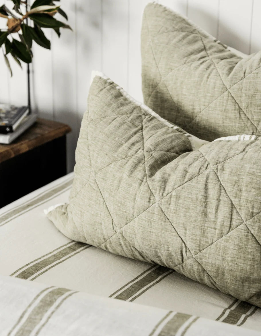Quilted Linen Pillow Sham with Envelope Opening, Striped Edge and Standard or King Size · quilted pillow sham