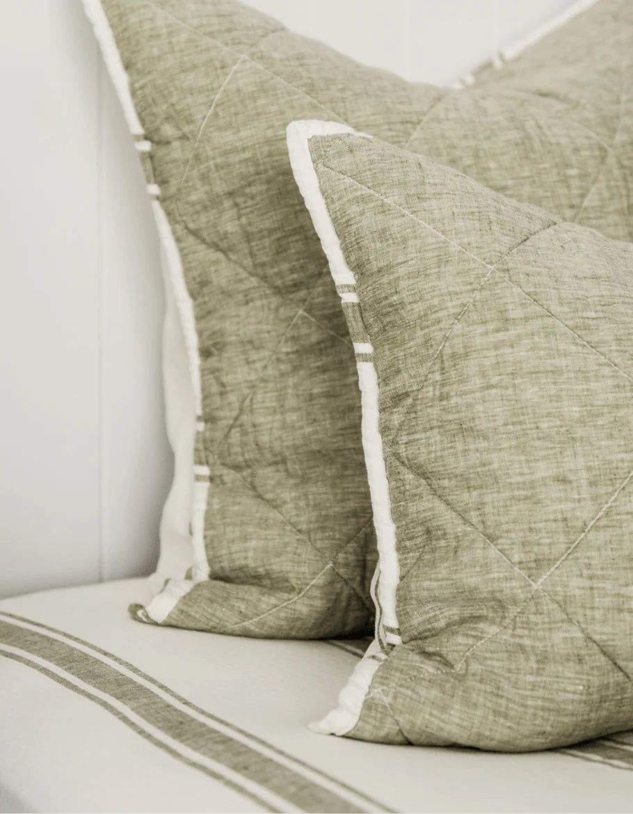 Quilted Linen Pillow Sham with Envelope Opening, Striped Edge and Standard or King Size · quilted pillow sham
