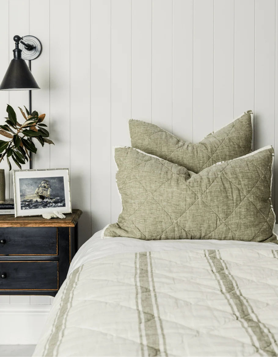 Quilted Linen Pillow Sham with Envelope Opening, Striped Edge and Standard or King Size · quilted pillow sham