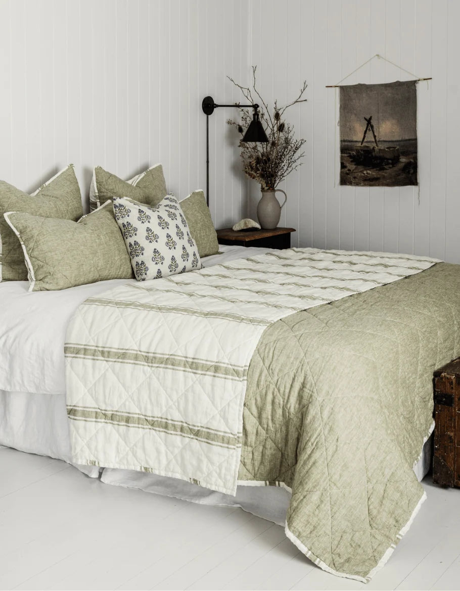 Quilted Linen Pillow Sham with Envelope Opening, Striped Edge and Standard or King Size · quilted pillow sham