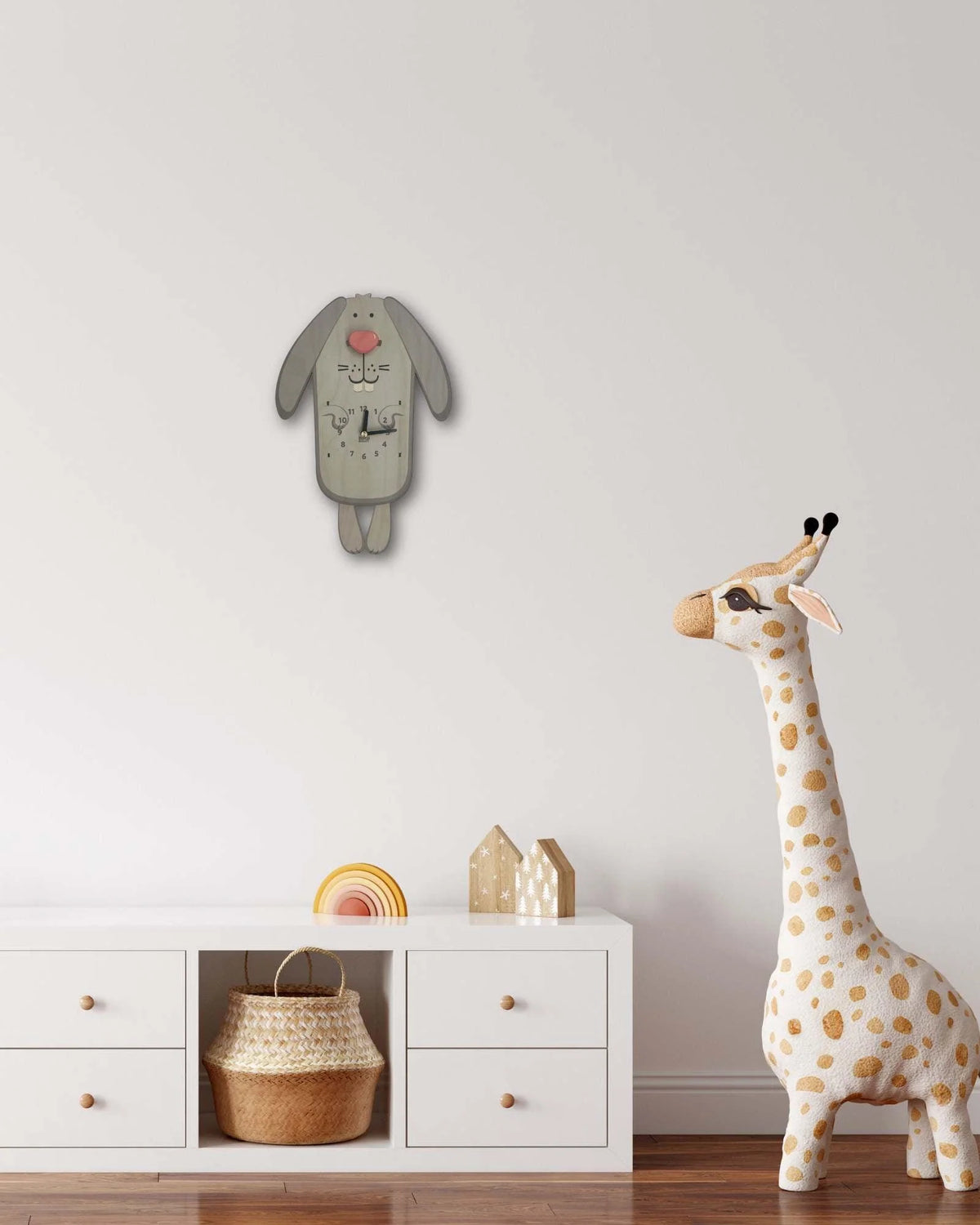 Rabbit Pendulum Wall Clock with Silent Quartz Movement and a Playful Swinging Nose and Legs for Kids
