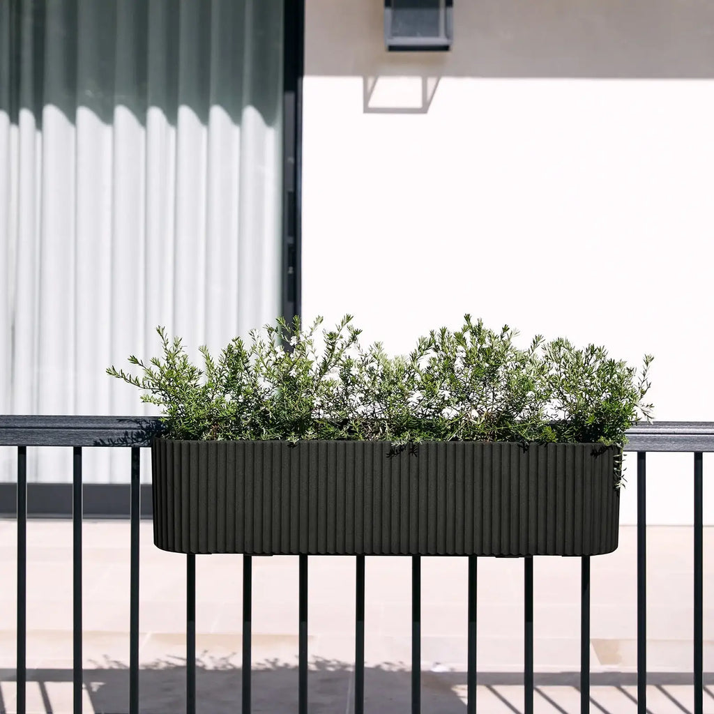 Railing Planter with Fluted Texture for Hanging Flora and Colorful Flowers, Designed for Inward-Facing Use