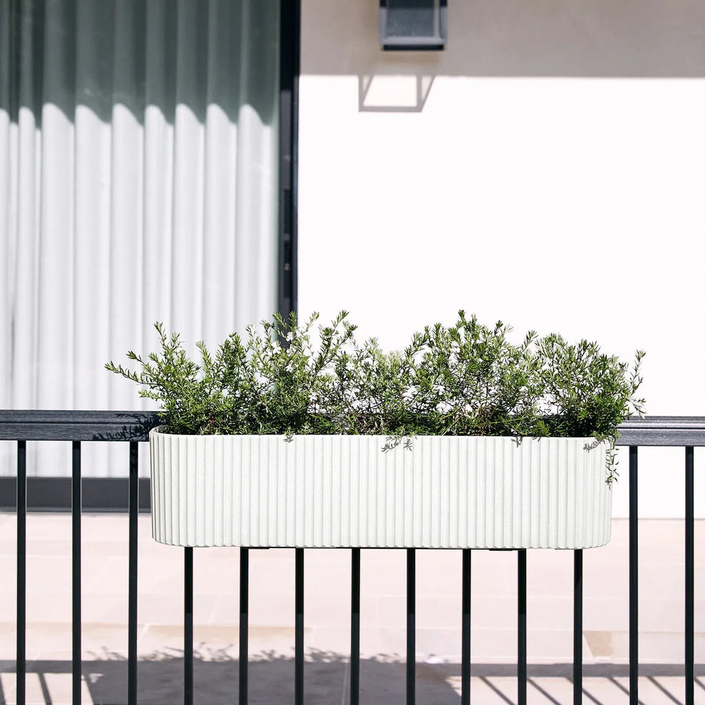 Railing Planter with Fluted Texture for Hanging Flora and Colorful Flowers, Designed for Inward-Facing Use