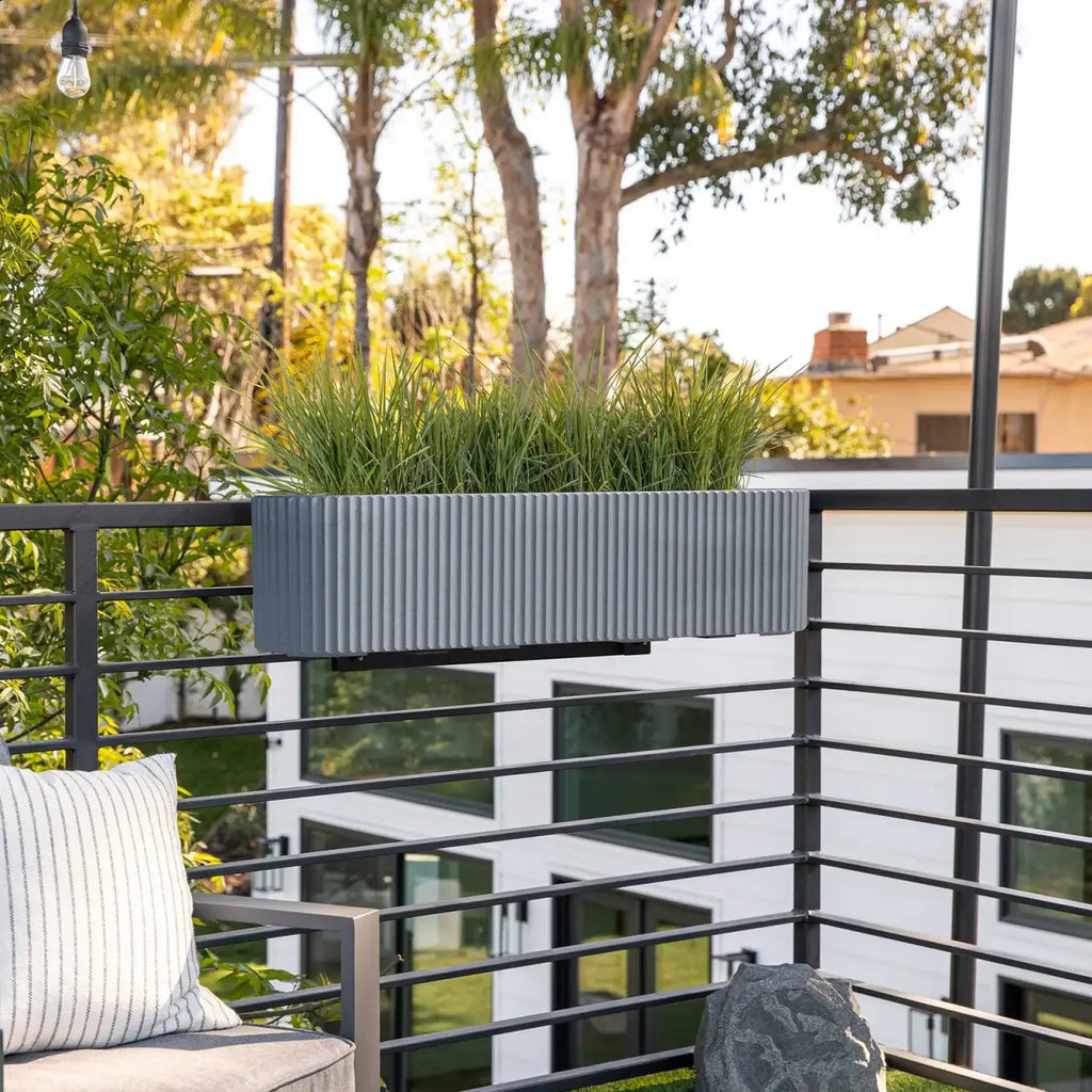 Railing Planter with Fluted Texture for Hanging Flora and Colorful Flowers, Designed for Inward-Facing Use