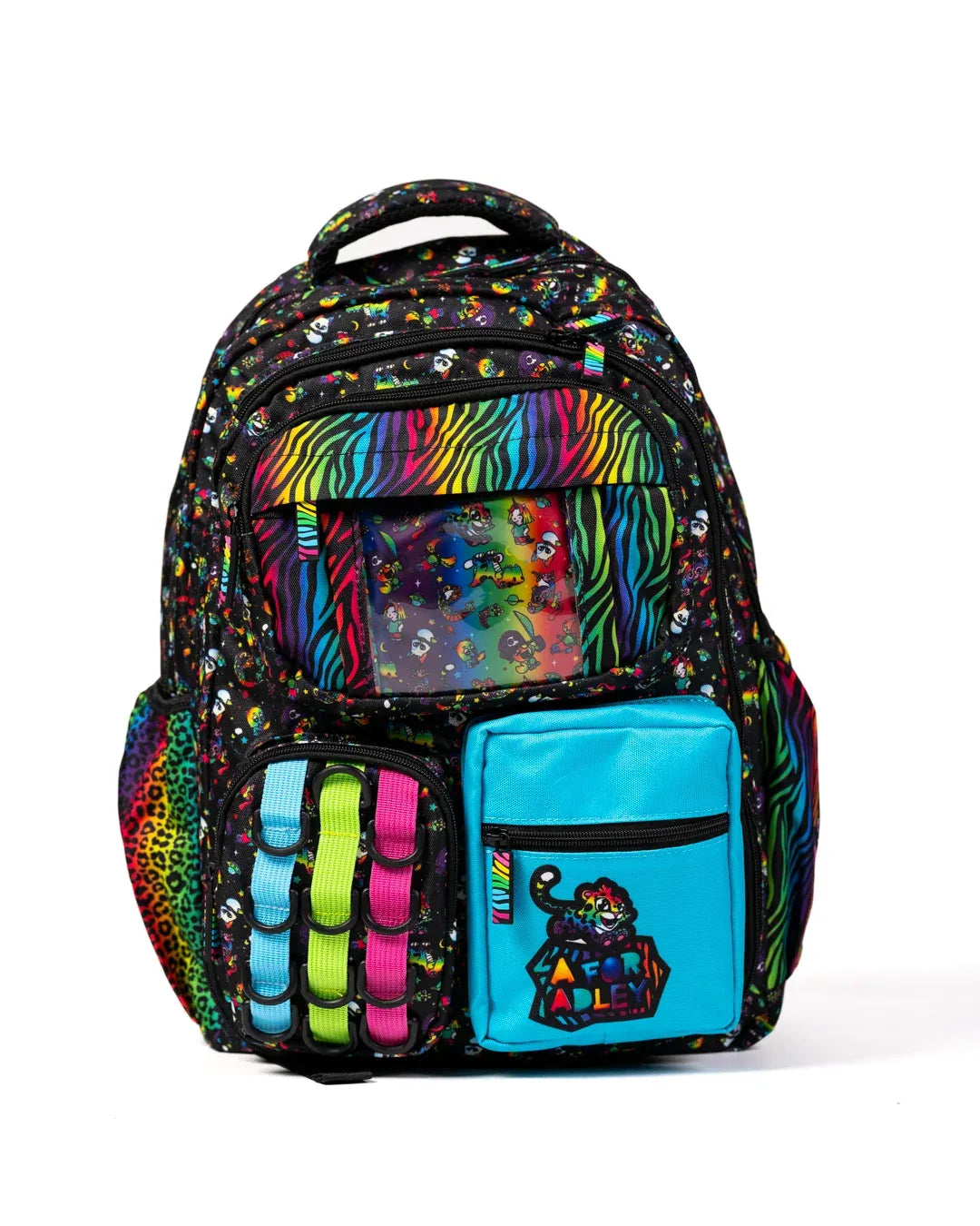Rainbow Backpack with Black Neon Space Animal Print, Clear Front Pocket and Adjustable Chest Strap for School