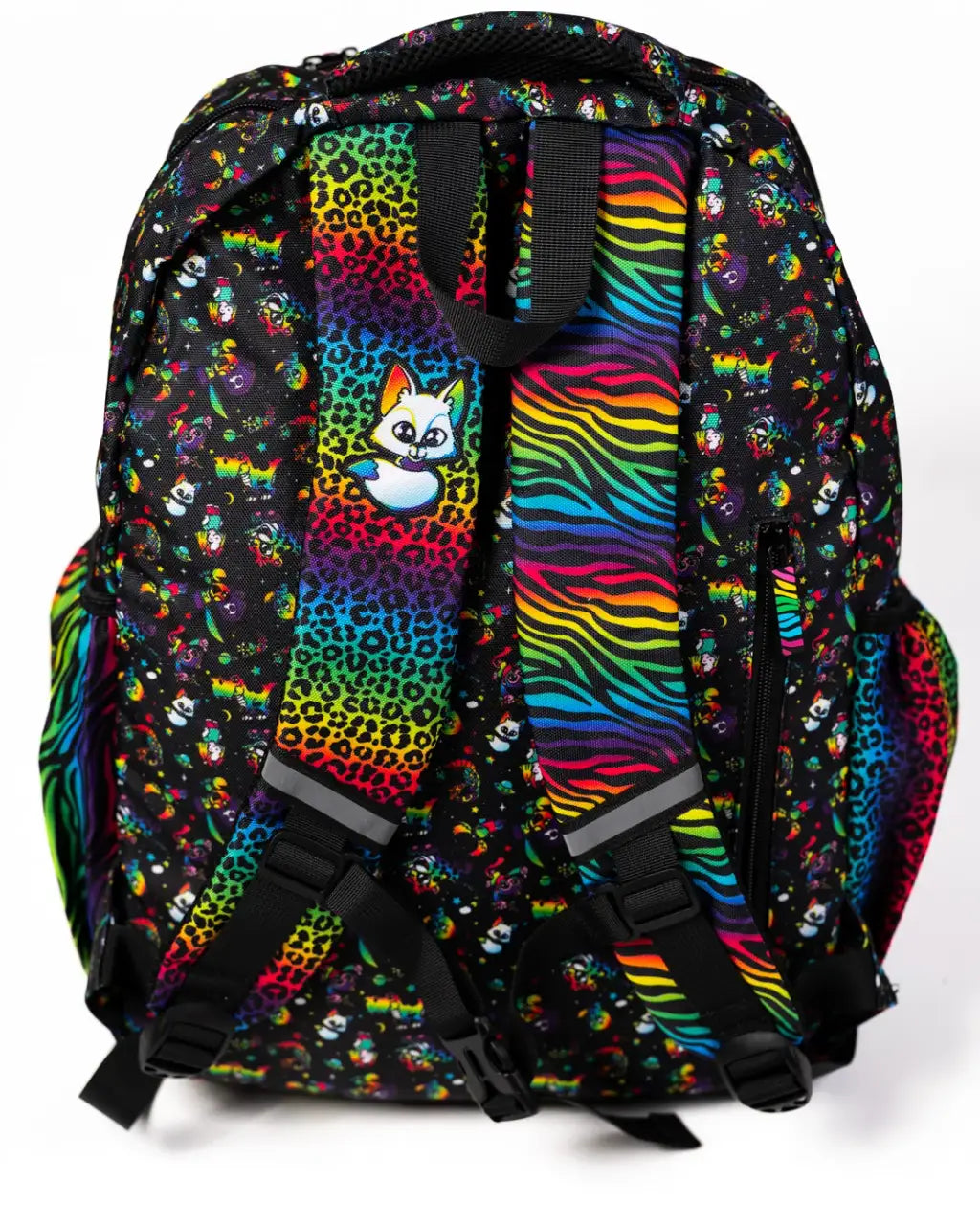 Rainbow Backpack with Black Neon Space Animal Print, Clear Front Pocket and Adjustable Chest Strap for School