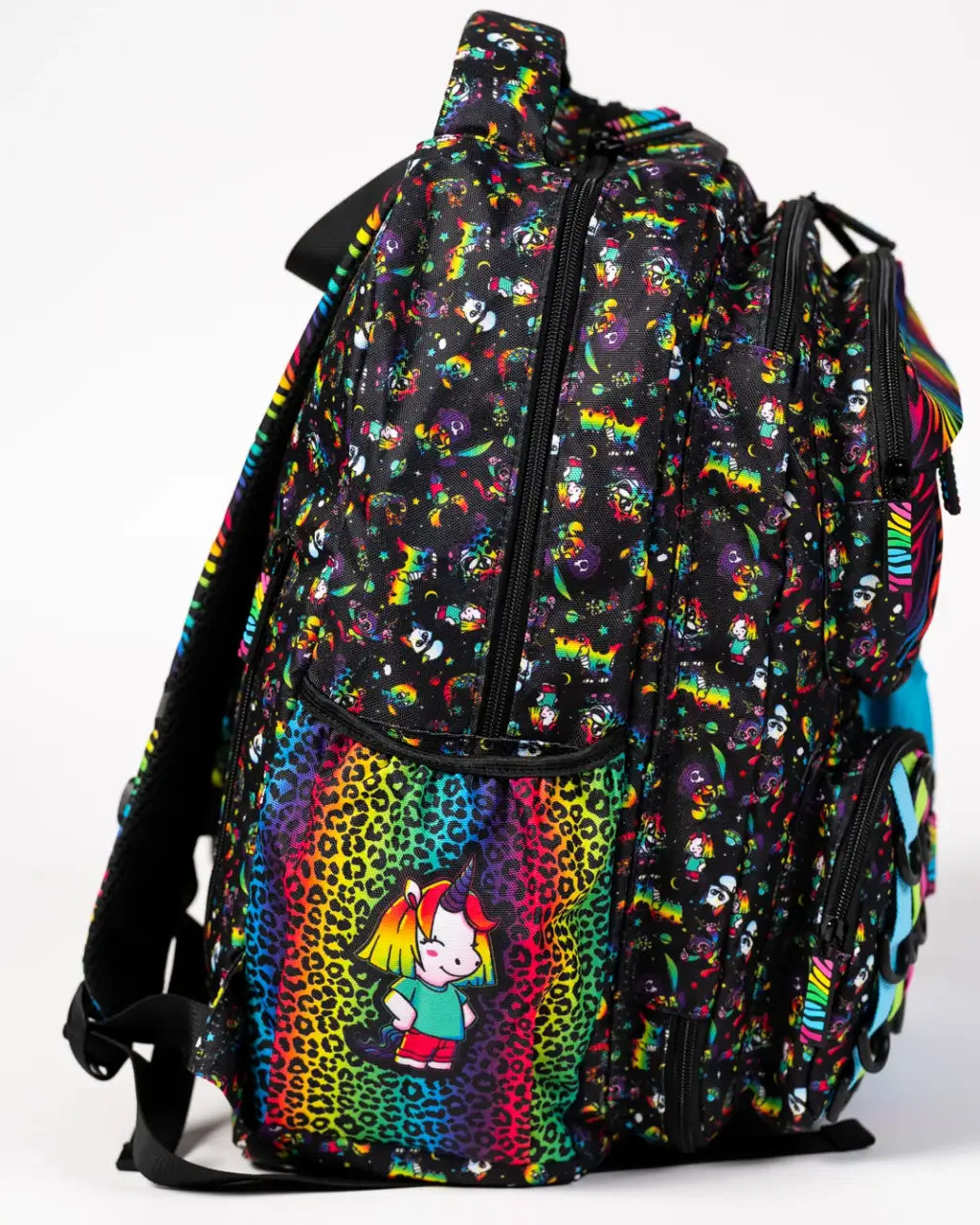 Rainbow Backpack with Black Neon Space Animal Print, Clear Front Pocket and Adjustable Chest Strap for School