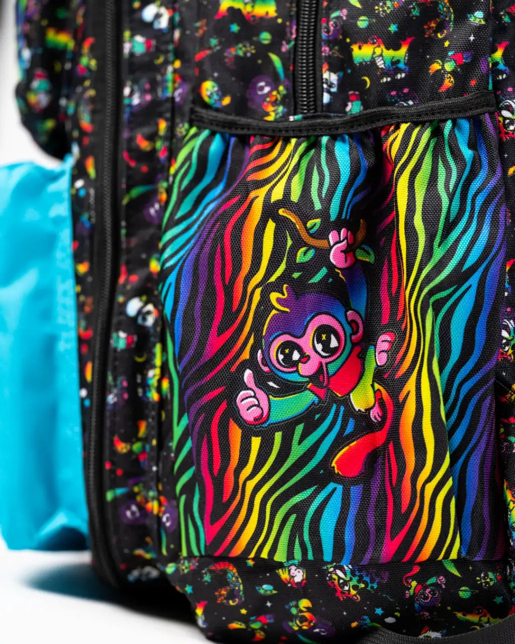 Rainbow Backpack with Black Neon Space Animal Print, Clear Front Pocket and Adjustable Chest Strap for School