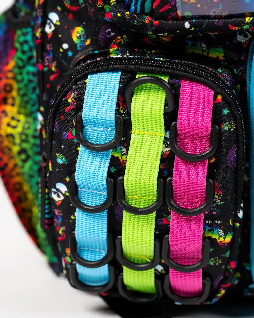 Rainbow Backpack with Black Neon Space Animal Print, Clear Front Pocket and Adjustable Chest Strap for School