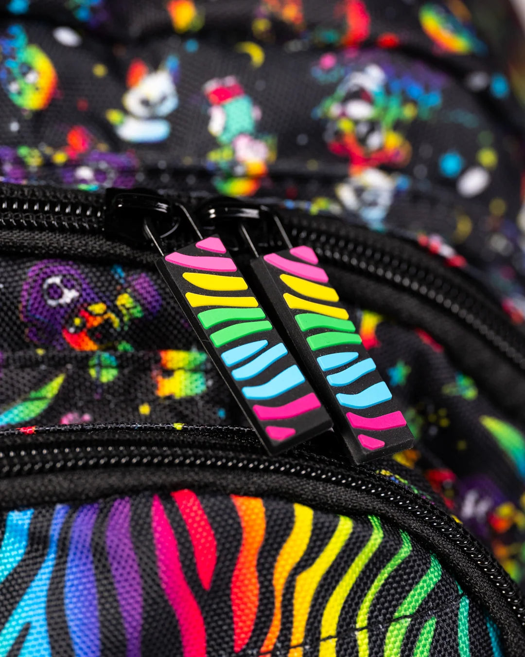 Rainbow Backpack with Black Neon Space Animal Print, Clear Front Pocket and Adjustable Chest Strap for School