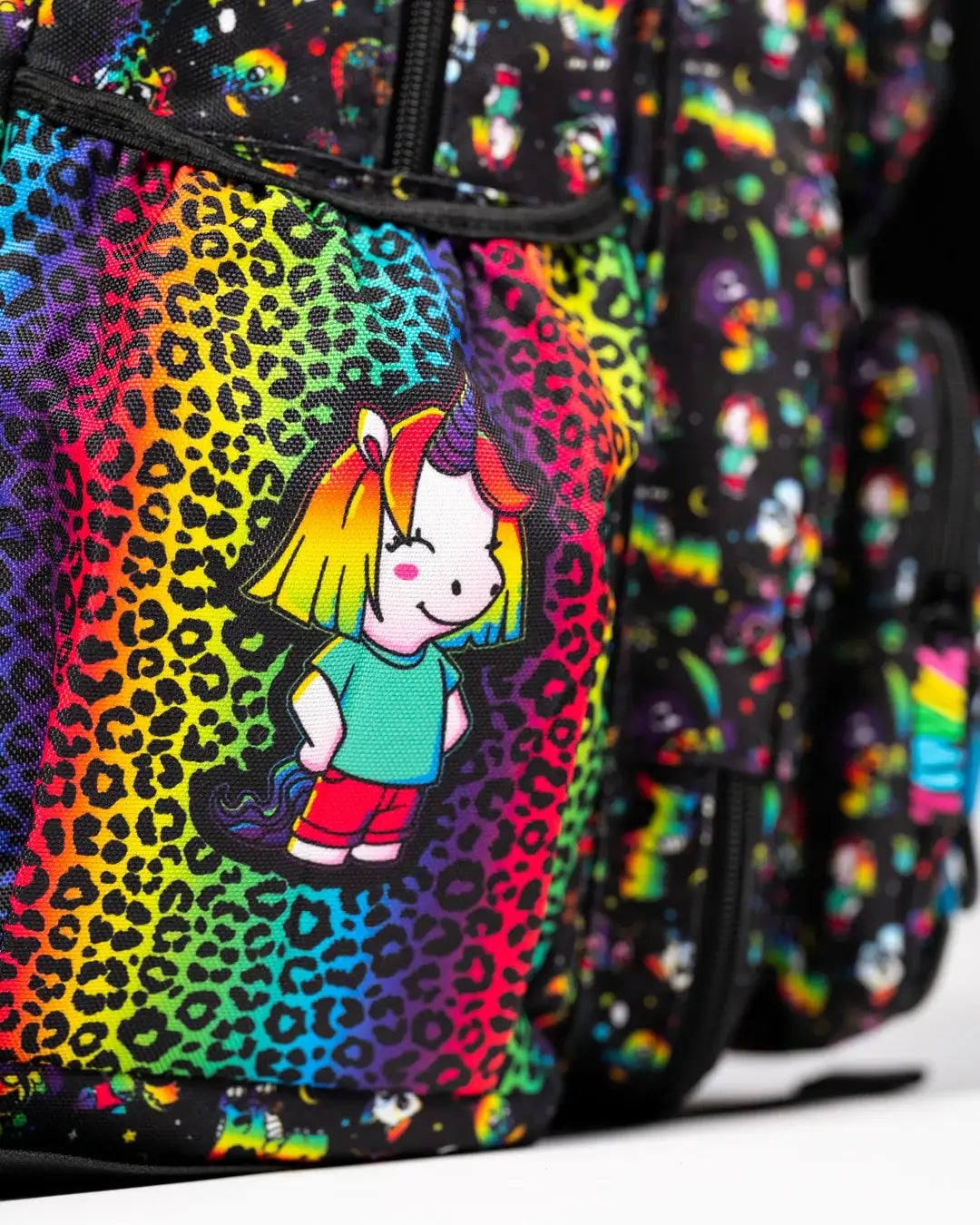 Rainbow Backpack with Black Neon Space Animal Print, Clear Front Pocket and Adjustable Chest Strap for School
