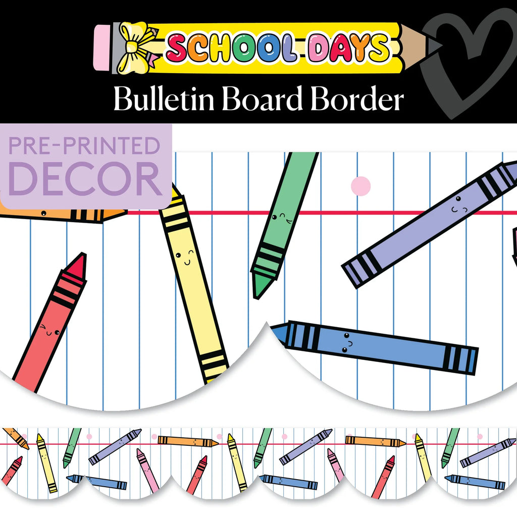 Rainbow Crayon Bulletin Board Border on Classic Lined Paper, 21 Gloss-Finish Strips for Classroom Displays