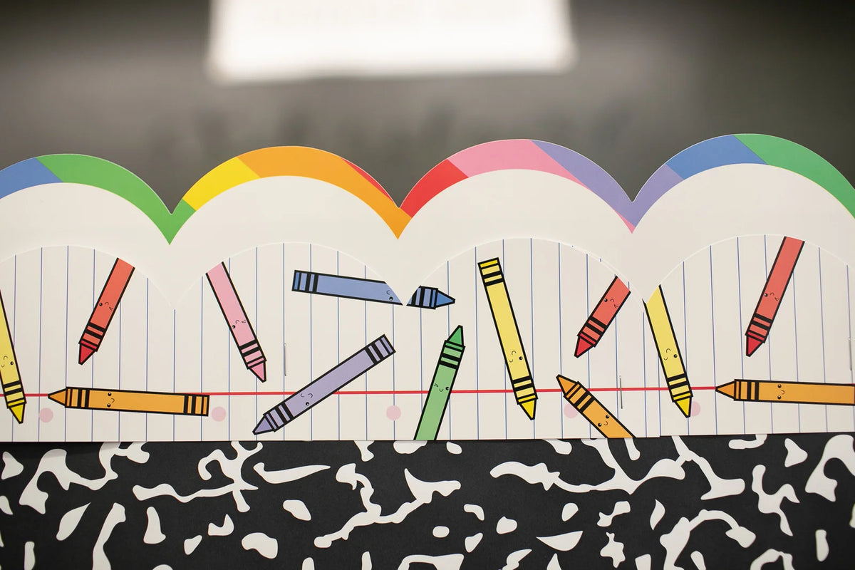 Rainbow Crayon Bulletin Board Border on Classic Lined Paper, 21 Gloss-Finish Strips for Classroom Displays