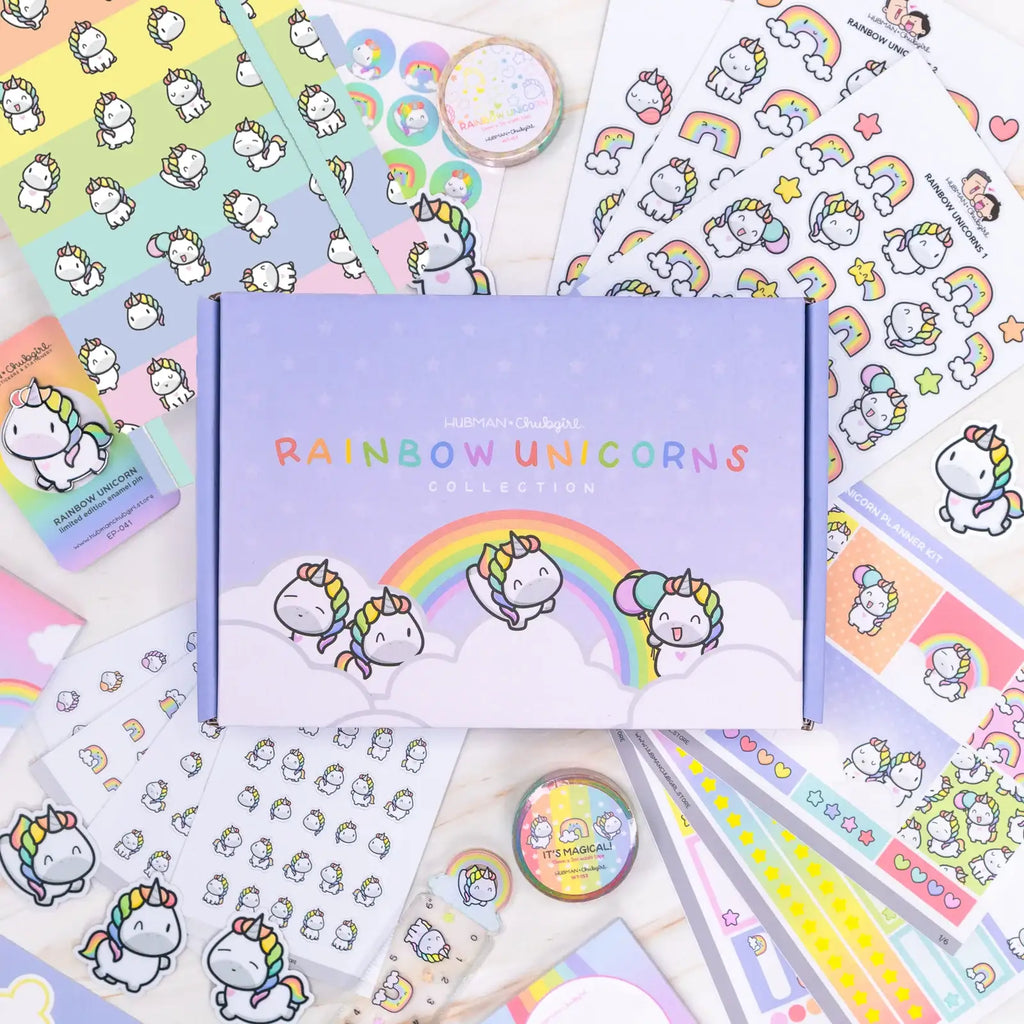 Rainbow Unicorn Planner Box Set with Dot-Grid Journal, Stickers, Washi Tape, Acrylic Ruler and Enamel Pin