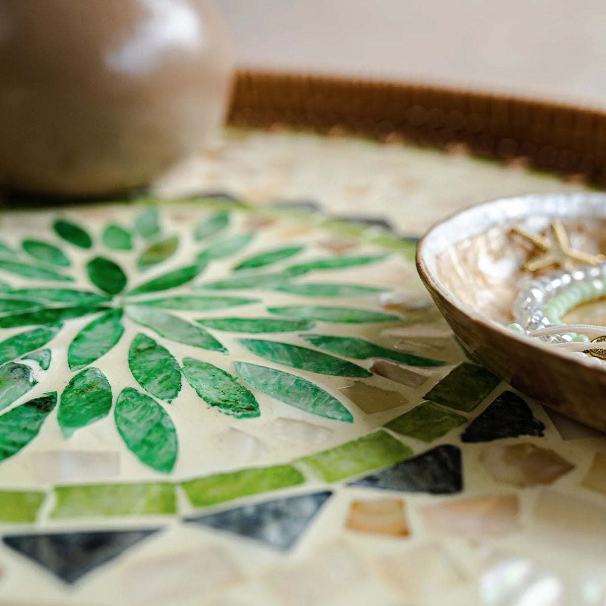Rattan Nesting Table Set with Green Mother-of-Pearl Tops for Coffee, Bedside and Accent Styling
