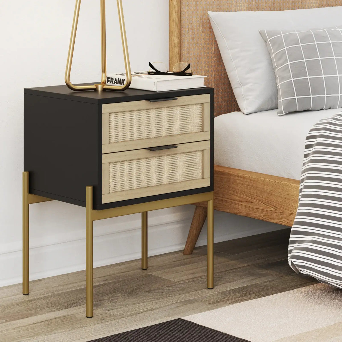 Rattan Nightstand, Matte Black-Rattan-Gold