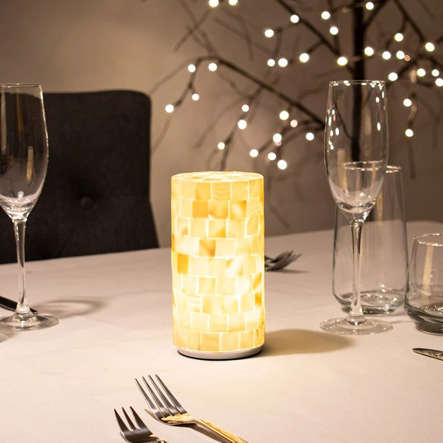 Rechargeable Cordless Table Lamp with a Shell-Inspired Mosaic Diffuser for Decorative Ambient Lighting