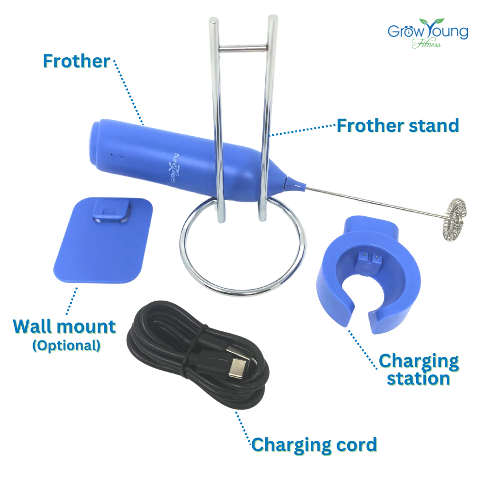 Rechargeable Milk Frother Kit with One-Touch Mixing, Stainless Steel Whisk, Stand and USB Charging Cord
