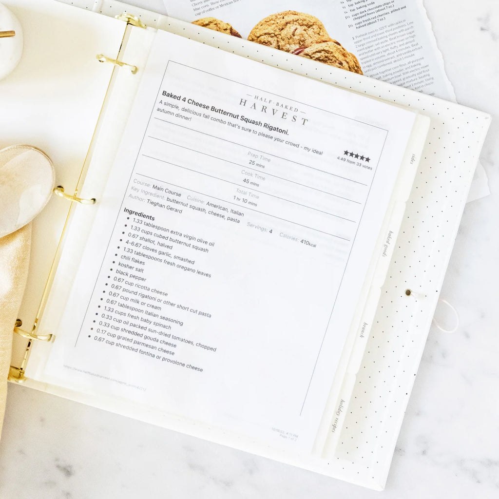 Recipe Binder with Eight Divided Tabs, Refillable Clear Sheets, and Pockets for Family Favorites