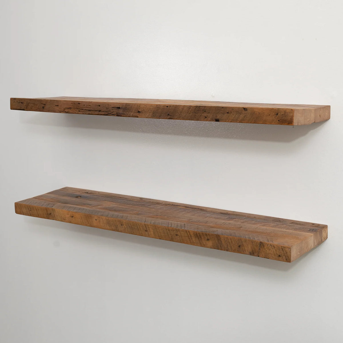 Reclaimed Hardwood Floating Shelves, Solid Wood Wall Storage with Hidden Brackets in Custom Widths and Depths