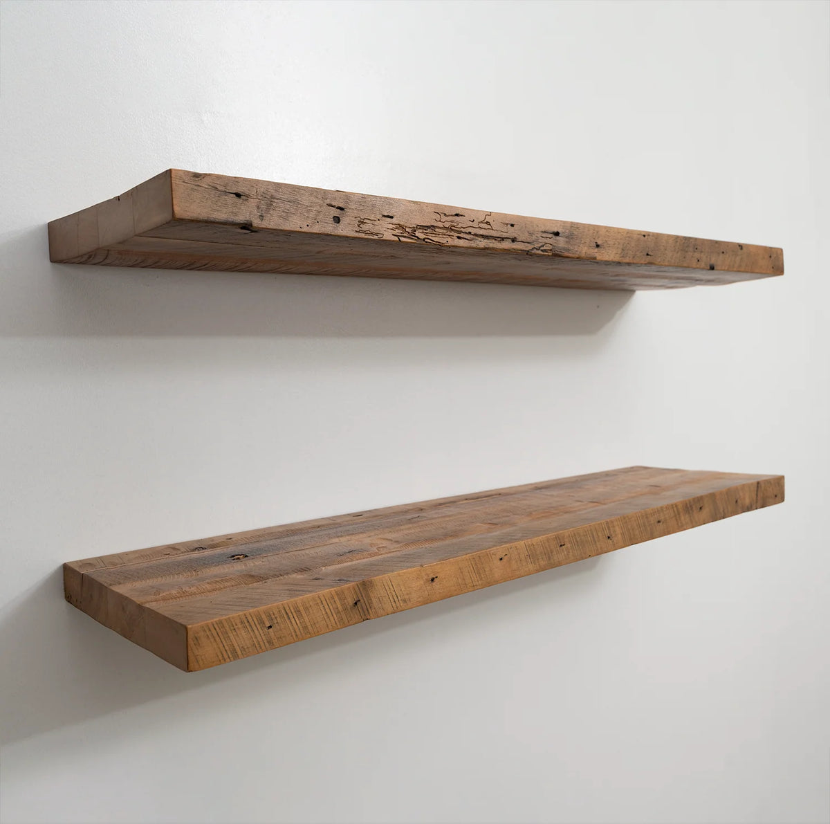 Reclaimed Hardwood Floating Shelves, Solid Wood Wall Storage with Hidden Brackets in Custom Widths and Depths