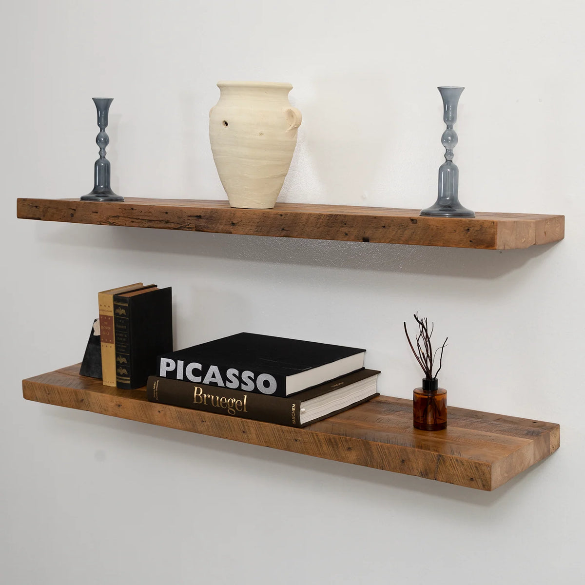 Reclaimed Hardwood Floating Shelves, Solid Wood Wall Storage with Hidden Brackets in Custom Widths and Depths