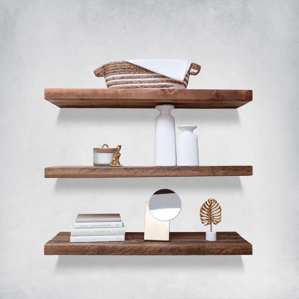 Reclaimed Hardwood Floating Shelves, Solid Wood Wall Storage with Hidden Brackets in Custom Widths and Depths — 16 / 8