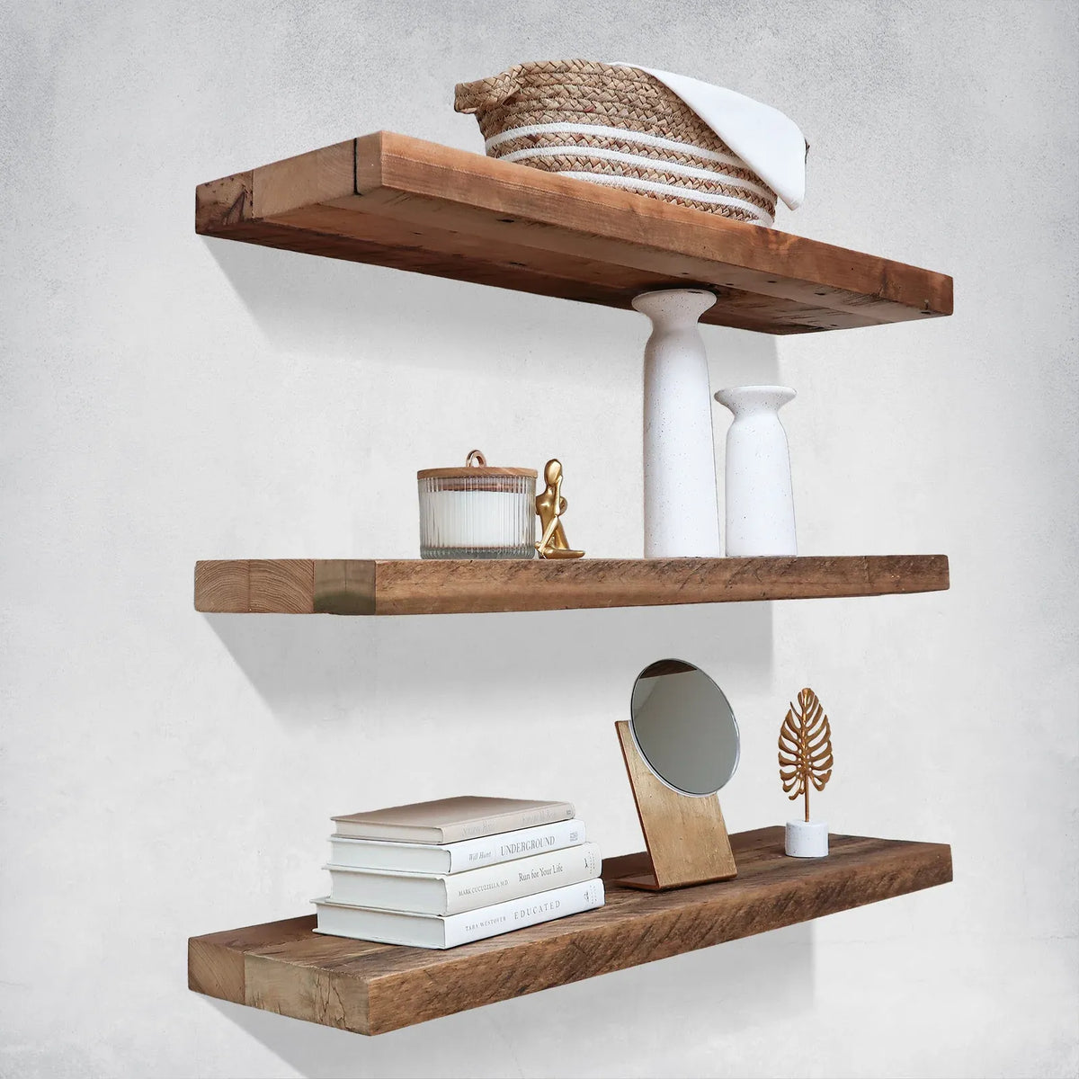 Reclaimed Hardwood Floating Shelves, Solid Wood Wall Storage with Hidden Brackets in Custom Widths and Depths — 12 / 8