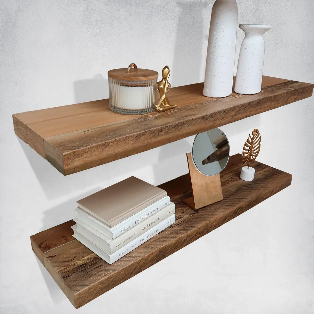Reclaimed Hardwood Floating Shelves, Solid Wood Wall Storage with Hidden Brackets in Custom Widths and De — 12 / 10 / 16 / 12