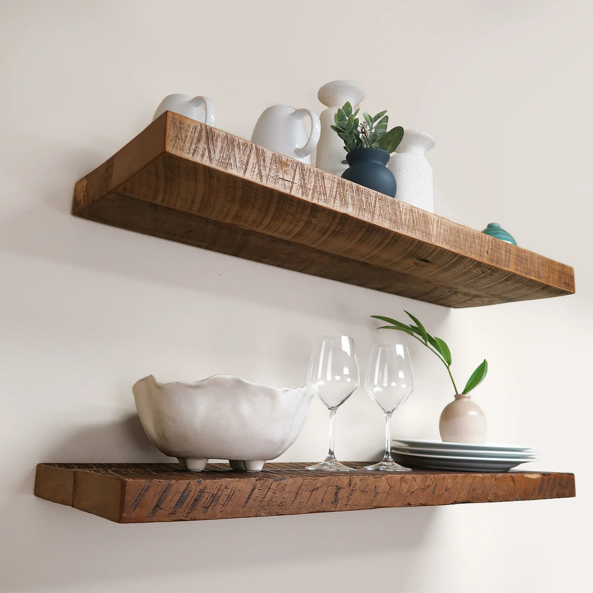 Reclaimed Hardwood Floating Shelves, Solid Wood Wall Storage with Hidden Brackets in Custom Widths and Depths — 16 / 10