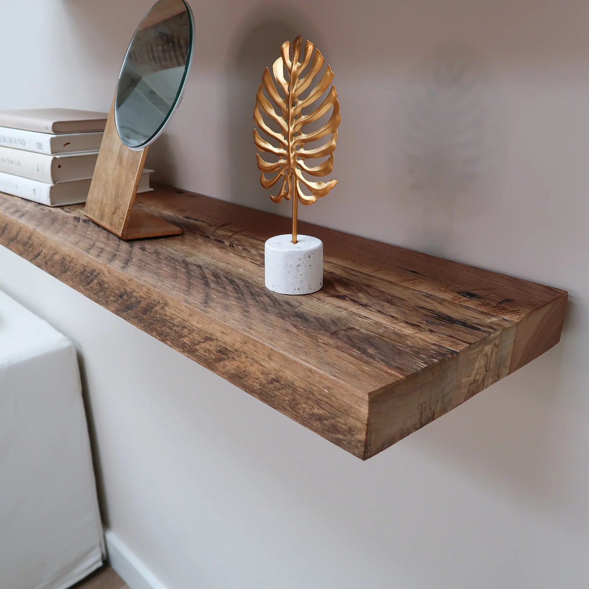 Reclaimed Hardwood Floating Shelves, Solid Wood Wall Storage with Hidden Brackets in Custom Widths and Depths — 20 / 8