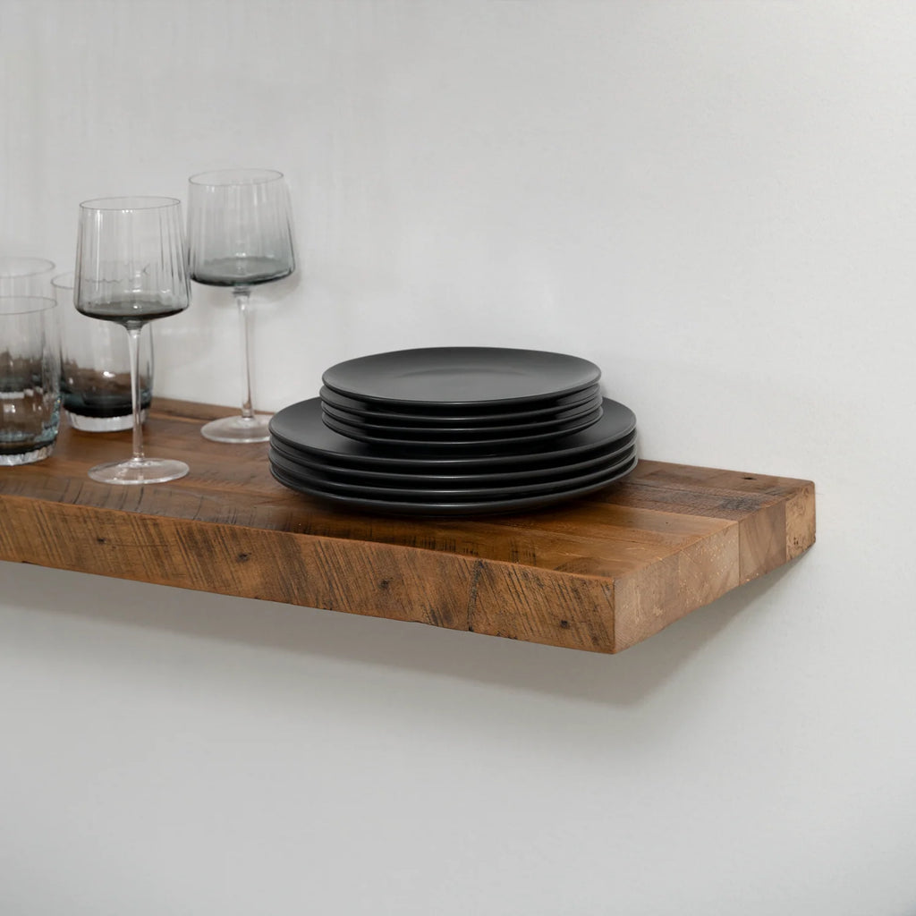 Reclaimed Hardwood Floating Shelves, Solid Wood Wall Storage with Hidden Brackets in Custom Widths and Depths