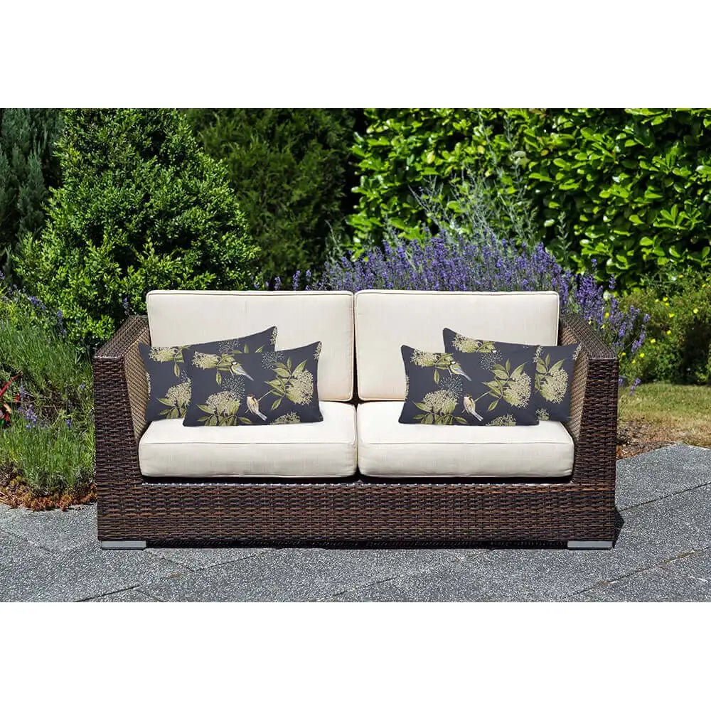 Rectangular Outdoor Cushion in a Birds and Elderflower Design with Waterproof Care for Garden Living