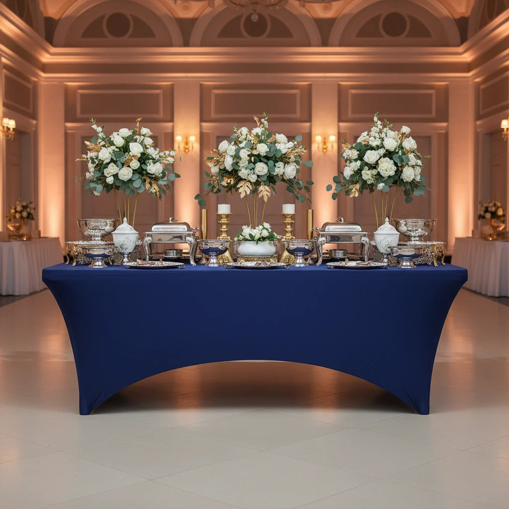 Rectangular Spandex Table Cover in Navy Blue with Leg Pockets for a Fitted Banquet Table Look
