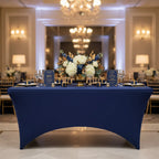 Rectangular Spandex Table Cover in Navy Blue with Leg Pockets for a Fitted Banquet Table Look