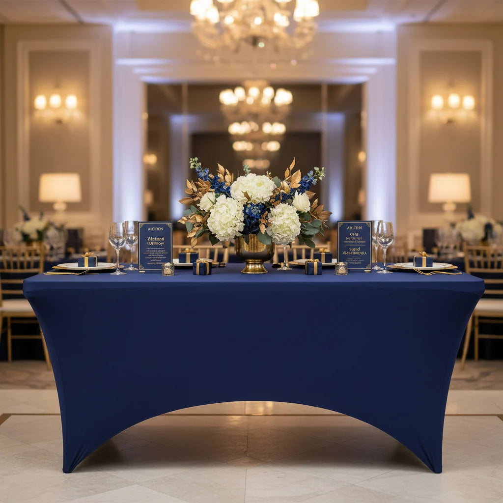 Rectangular Spandex Table Cover in Navy Blue with Leg Pockets for a Fitted Banquet Table Look