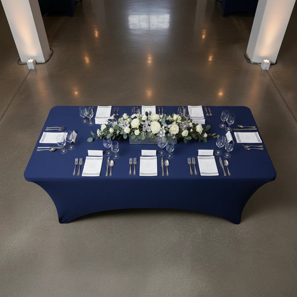 Rectangular Spandex Table Cover in Navy Blue with Leg Pockets for a Fitted Banquet Table Look
