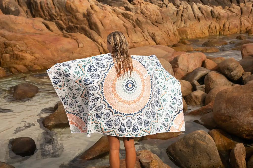 Recycled Sand Free Beach Towel, Oversized 5'3" x 2'11" Design with Waterproof Storage Bag · Sound of Summer - Recycled San